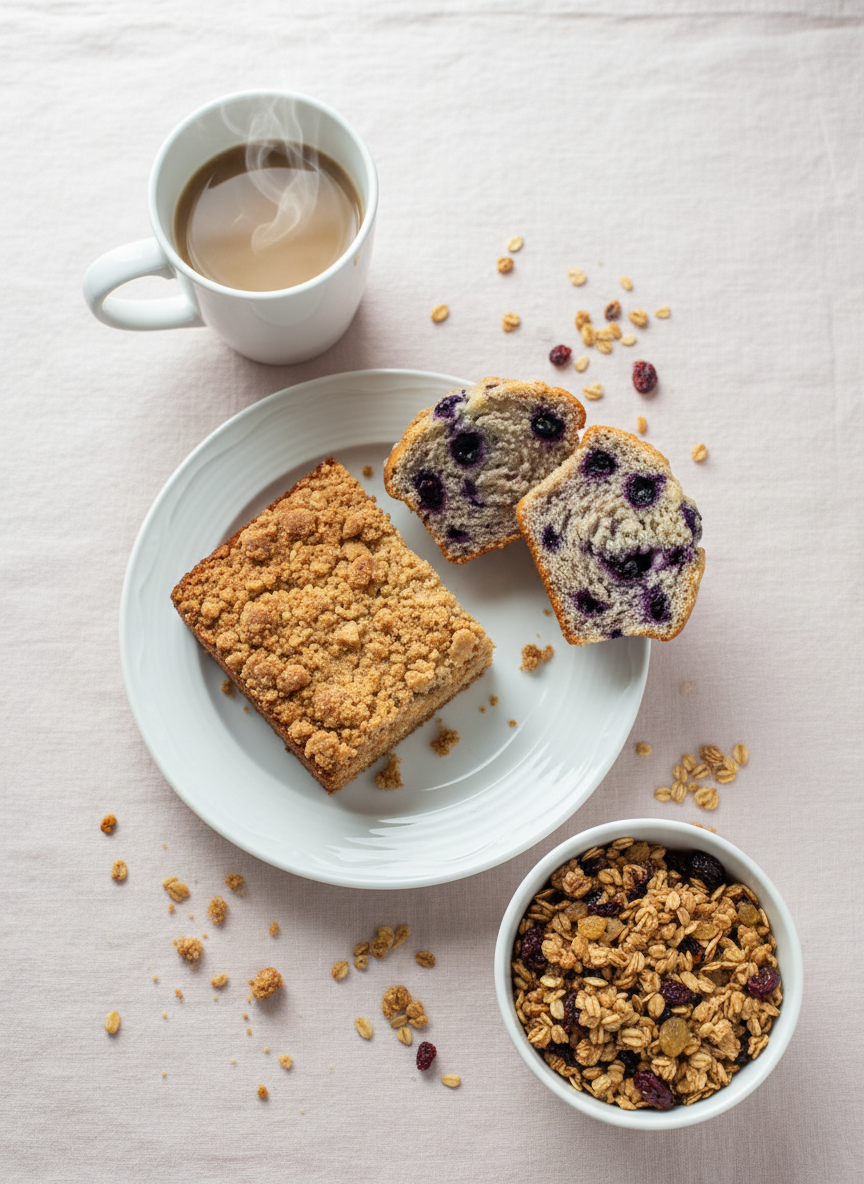 An overhead photographic view of a neatly arranged breakfast spread from Shay’s Sweet Treats on a pale blush linen tablecloth: a steaming mug beside a generous slice of crumb-coated coffee cake on a white ceramic plate, a towering jumbo blueberry muffin split open to reveal its moist interior, and a small bowl of toasted granola scattered with dried fruit. Crumbs and oats are casually sprinkled around for a playful, lived-in feel. Soft, diffused daylight from a nearby window casts even illumination with barely-there shadows, creating a clean and airy atmosphere. The composition follows the rule of thirds, with each item carefully spaced to feel abundant yet uncluttered, ideal for a homepage hero image that feels bright, inviting, and deliciously homey.