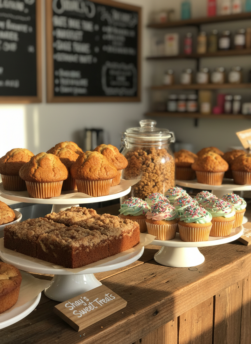 A rustic wooden bakery counter overflowing with an inviting spread of treats from Shay’s Sweet Treats: golden jumbo muffins with crackled tops, thick slices of cinnamon-swirled coffee cake, glistening honey-coated granola in a glass jar, and pastel-frosted cupcakes crowned with playful sprinkles. Everything is arranged on mismatched white cake stands and simple parchment sheets. Soft morning sunlight pours through an unseen front window, creating warm highlights on the baked goods and gentle shadows along the grain of the wood. Shot at eye level with a shallow depth of field, the foreground pastries are in sharp photographic focus while the background fades into a creamy bokeh of blurred chalkboard menus and shelves, conveying a welcoming, playful, and irresistibly cozy mood.