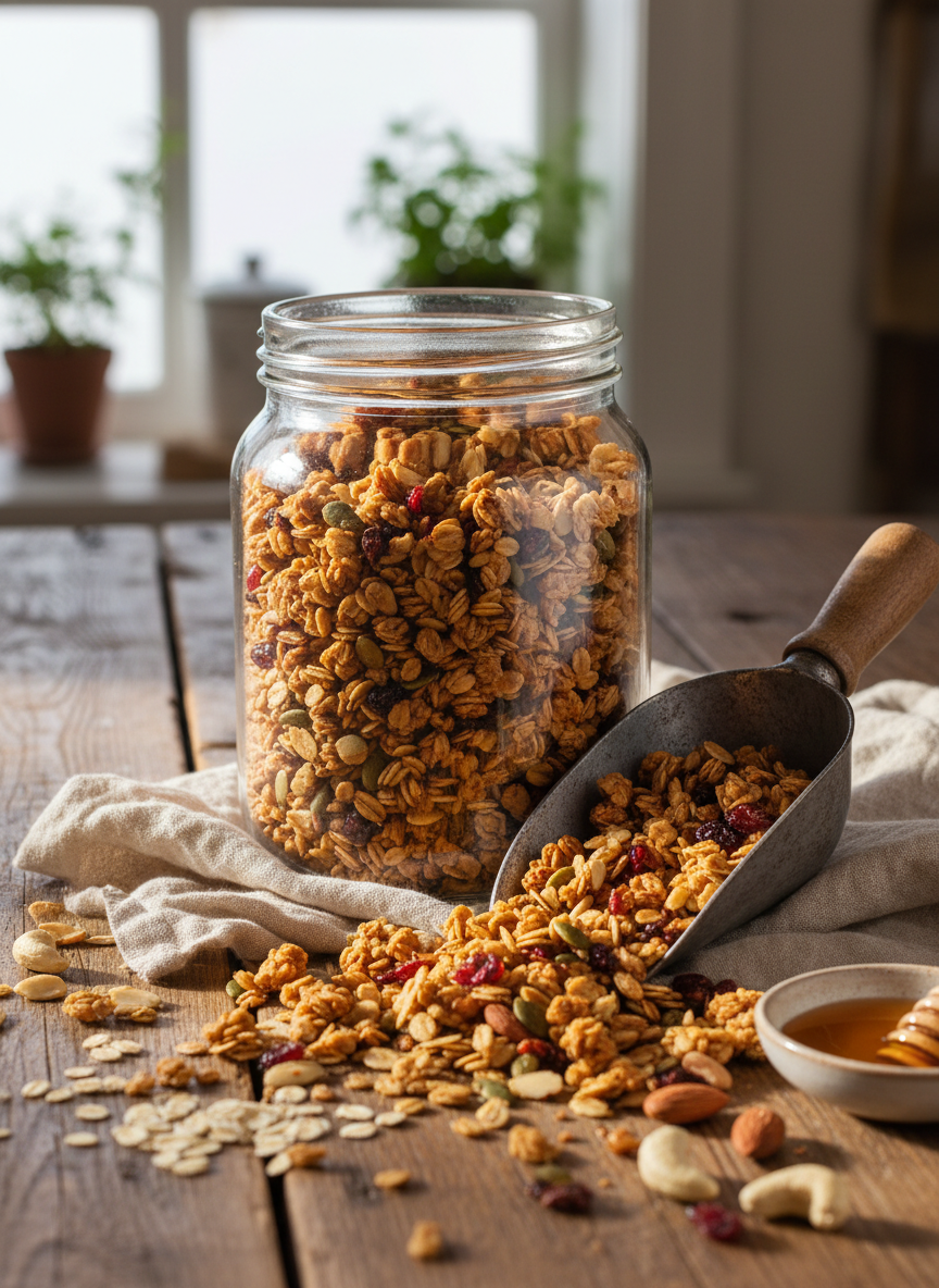A glass jar filled to the brim with Shay’s Sweet Treats granola, showcasing clusters of toasted oats, sliced almonds, pumpkin seeds, and jewel-toned dried cranberries. The jar is open, with a rustic metal scoop leaning against it and a playful spill of granola cascading onto a natural linen cloth. The scene is set on a reclaimed wood table, with a few scattered ingredients—rolled oats, nuts, and a small dish of honey—artfully placed nearby. Soft, diffused morning light from the left creates gentle highlights on the glass and a warm glow on the granola, emphasizing its crunchy texture. Captured from a slightly elevated angle with sharp focus on the jar and a softly blurred background, the mood is wholesome, inviting, and subtly energetic, balancing indulgence with everyday goodness.