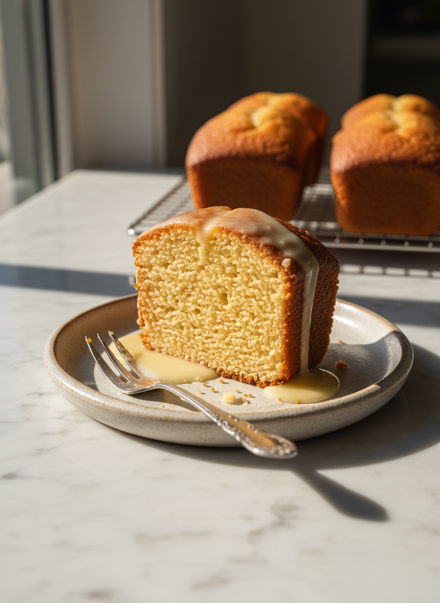 A slice of buttery pound cake from Shay’s Sweet Treats resting on a simple stoneware plate, its dense, velvety crumb clearly visible where it’s been cleanly cut. The cake’s exterior is a deep golden brown with a delicate, slightly glossy crust, while a drizzle of vanilla glaze runs lazily down the side and pools on the plate. Beside it, a small fork and a scattering of cake crumbs add authenticity. The scene is set on a light marble tabletop near a window, bathed in soft afternoon sunlight that creates gentle highlights on the glaze and subtle, elongated shadows. Shot at a three-quarter angle with a medium depth of field, the background shows a blurred hint of additional loaves on a cooling rack, evoking a cozy, indulgent, and quietly joyful mood.
