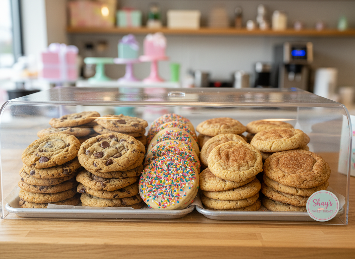 A vibrant cookie display from Shay’s Sweet Treats arranged inside a clear lidded bakery case, featuring oversized chocolate chip cookies with gooey visible chips, rainbow-sprinkled sugar cookies, and thick snickerdoodles dusted generously with cinnamon sugar. Each variety is stacked in neat, slightly uneven piles on parchment-lined metal trays, giving a playful, abundant feel. The case sits atop a light oak counter, with the background fading into softly blurred shapes of cake stands and pastel boxes. Warm overhead lighting mixes with gentle window light to create sparkling highlights on the chocolate and subtle reflections on the glass. Photographed at eye level with a medium depth of field, the composition draws the viewer straight to the cookies, evoking a sense of childhood nostalgia and irresistible temptation.