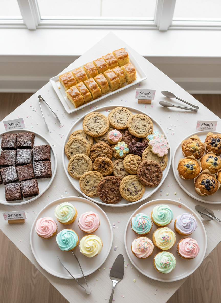 An overhead photograph of a large catering-style spread from Shay’s Sweet Treats, featuring multiple platters arranged together on a light, neutral table: one cookie platter with assorted cookies, one brownie platter with neatly cut brownie squares, one muffin platter with jumbo muffins, one cupcake platter with frosted cupcakes, and one platter of neatly sliced pound cake. The scene feels abundant but tidy and is styled for a party or office meeting, with small tongs and serving utensils visible. Soft natural light, bright and inviting, in a clean, modern, playful bakery aesthetic.